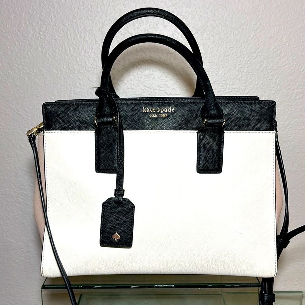 kate spade New York Cameron Satchel Purse Shoulder Bag pink and white and black